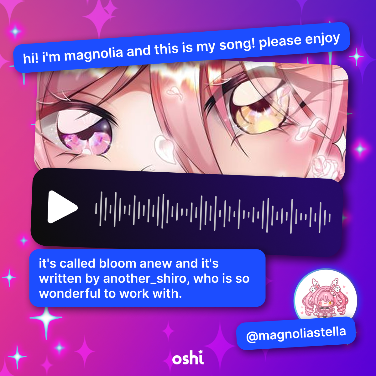 A feature post for our Twitter of a user's content posted on the oshi web app.