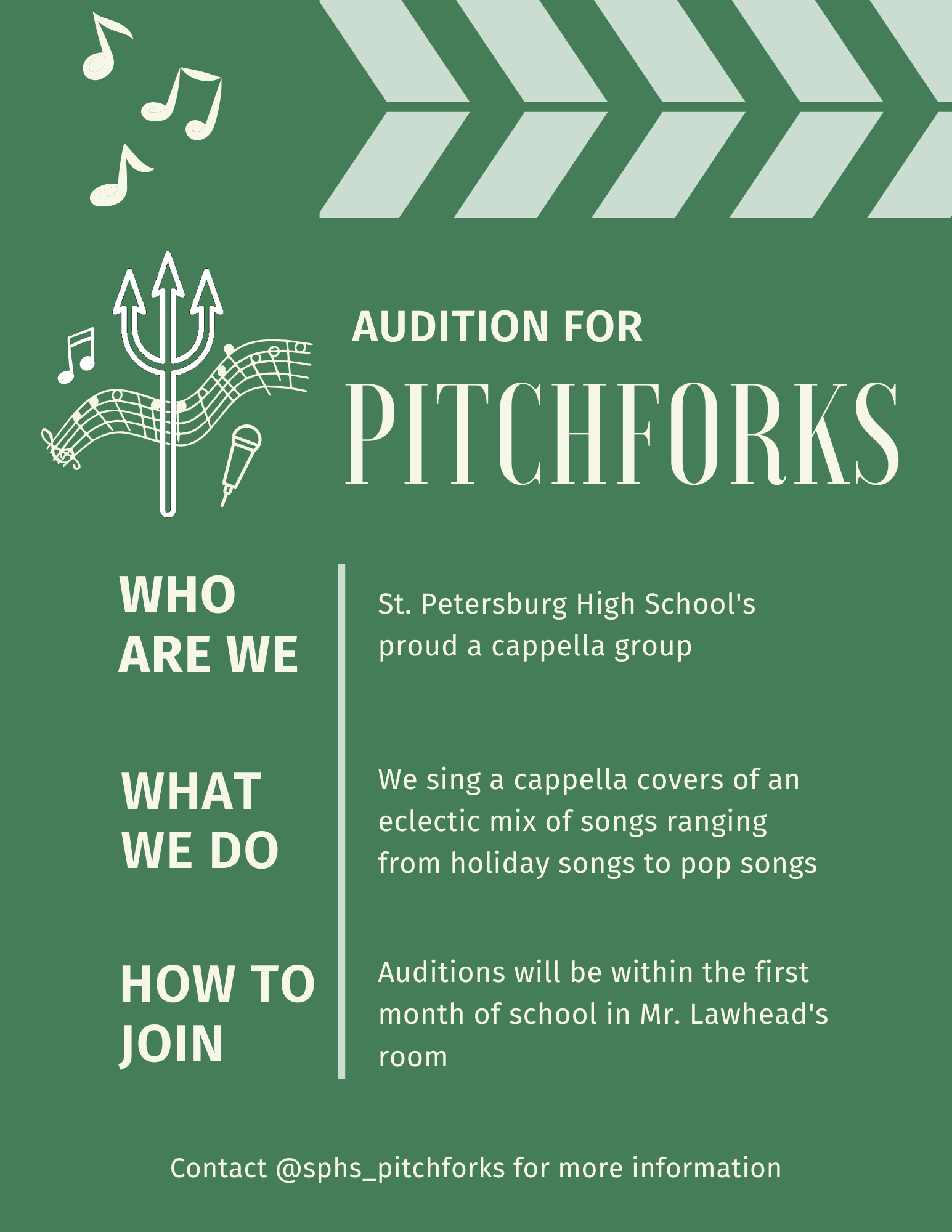 A poster advertising auditions for my high school's a cappella group, Pitchforks.