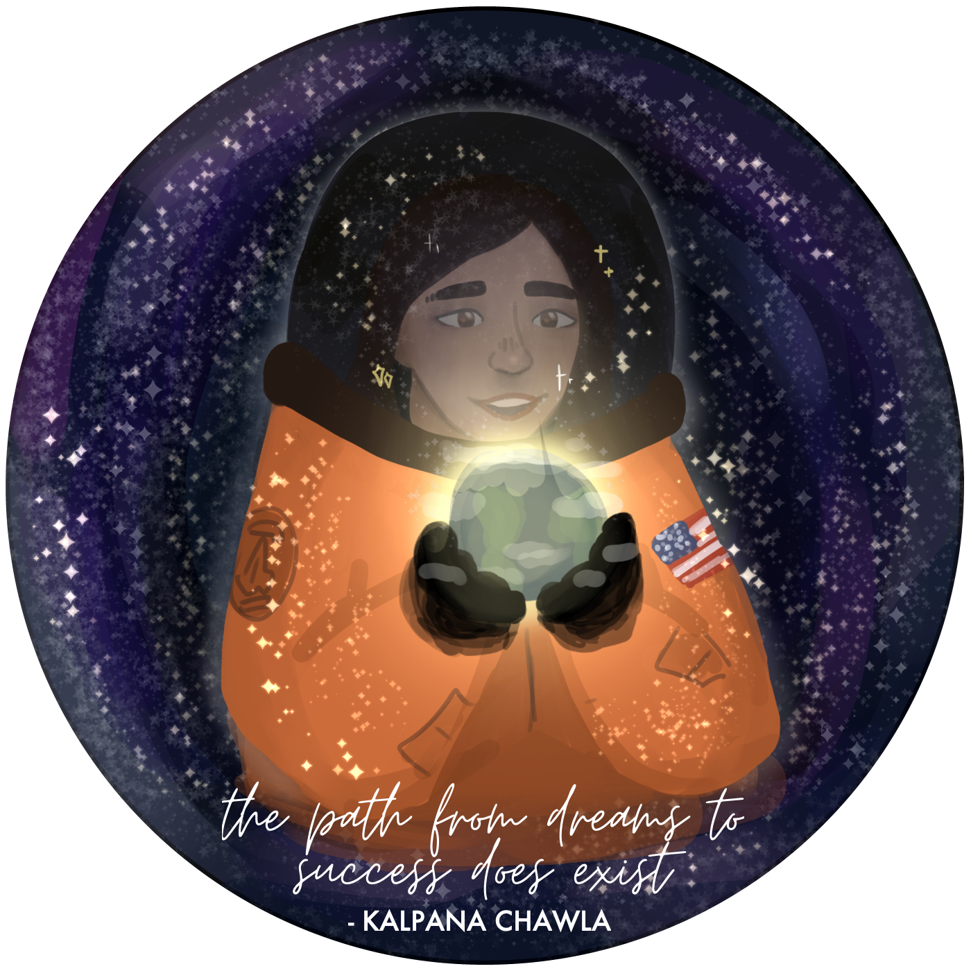 A commissioned sticker design for Kuwento at Sining, a fundraiser raising money for the Association for Asian Studies by selling stickers about important AAPI figures. This sticker features Kalpana Chawla, the first female Indian-American astronaut to fly to space.